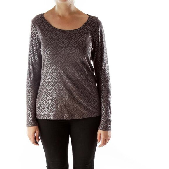 LOFT Tops - LOFT Brown Silver Metallic Print T-shirt